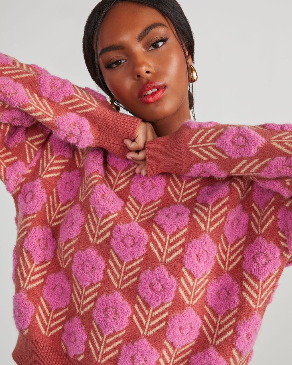 Corinne Textured Floral Pullover Sweater-Vogue Logic