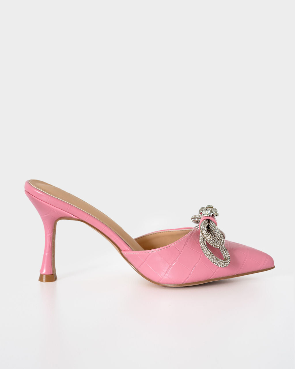 Ophelia Croc Embossed Crystal Embellished Bow Mule Heels-Vogue Logic