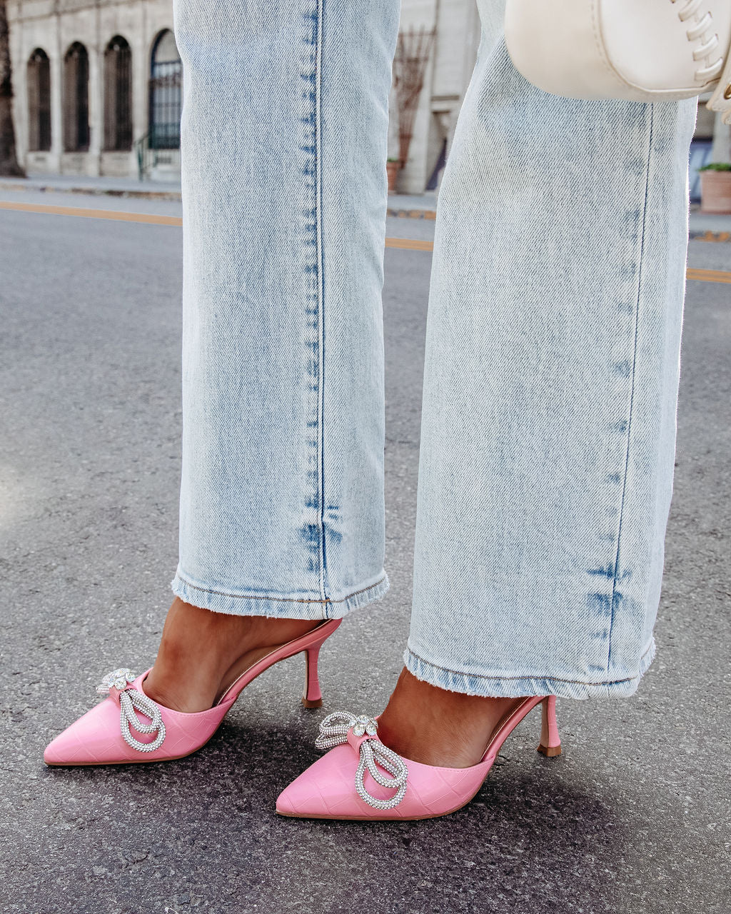 Ophelia Croc Embossed Crystal Embellished Bow Mule Heels-Vogue Logic