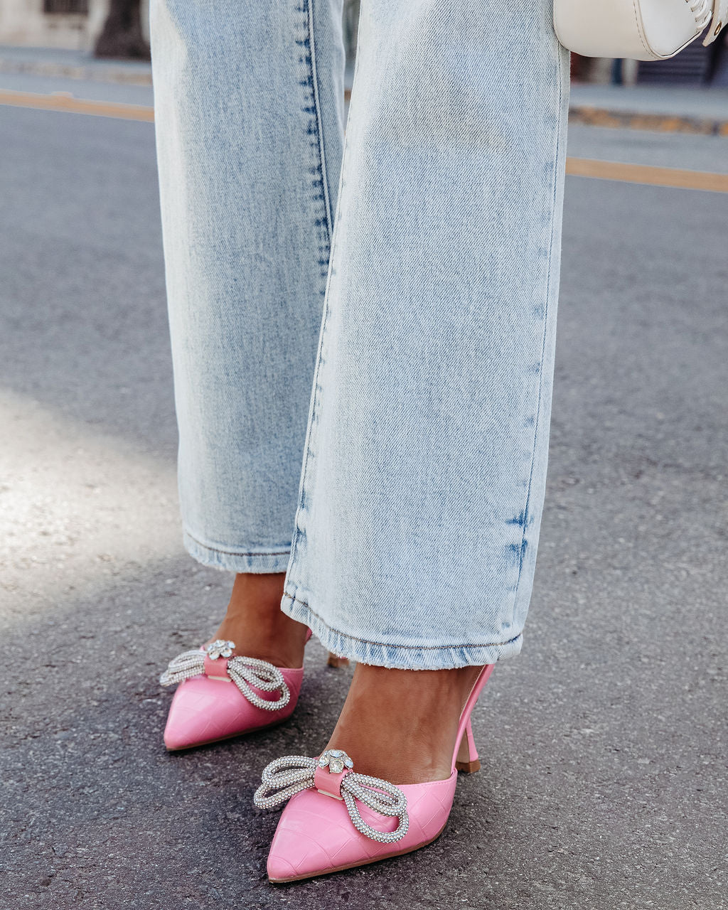 Ophelia Croc Embossed Crystal Embellished Bow Mule Heels-Vogue Logic