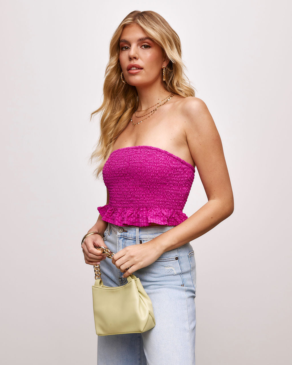 Paulette Strapless Smocked Crop Top-Vogue Logic