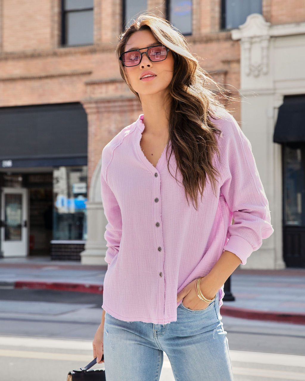 Pismo Ventures Textured Button Down Top-Vogue Logic