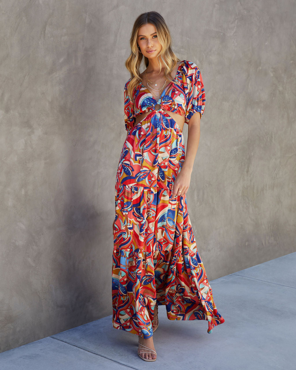 Roma Satin Printed Side Cutout Maxi Dress-Vogue Logic