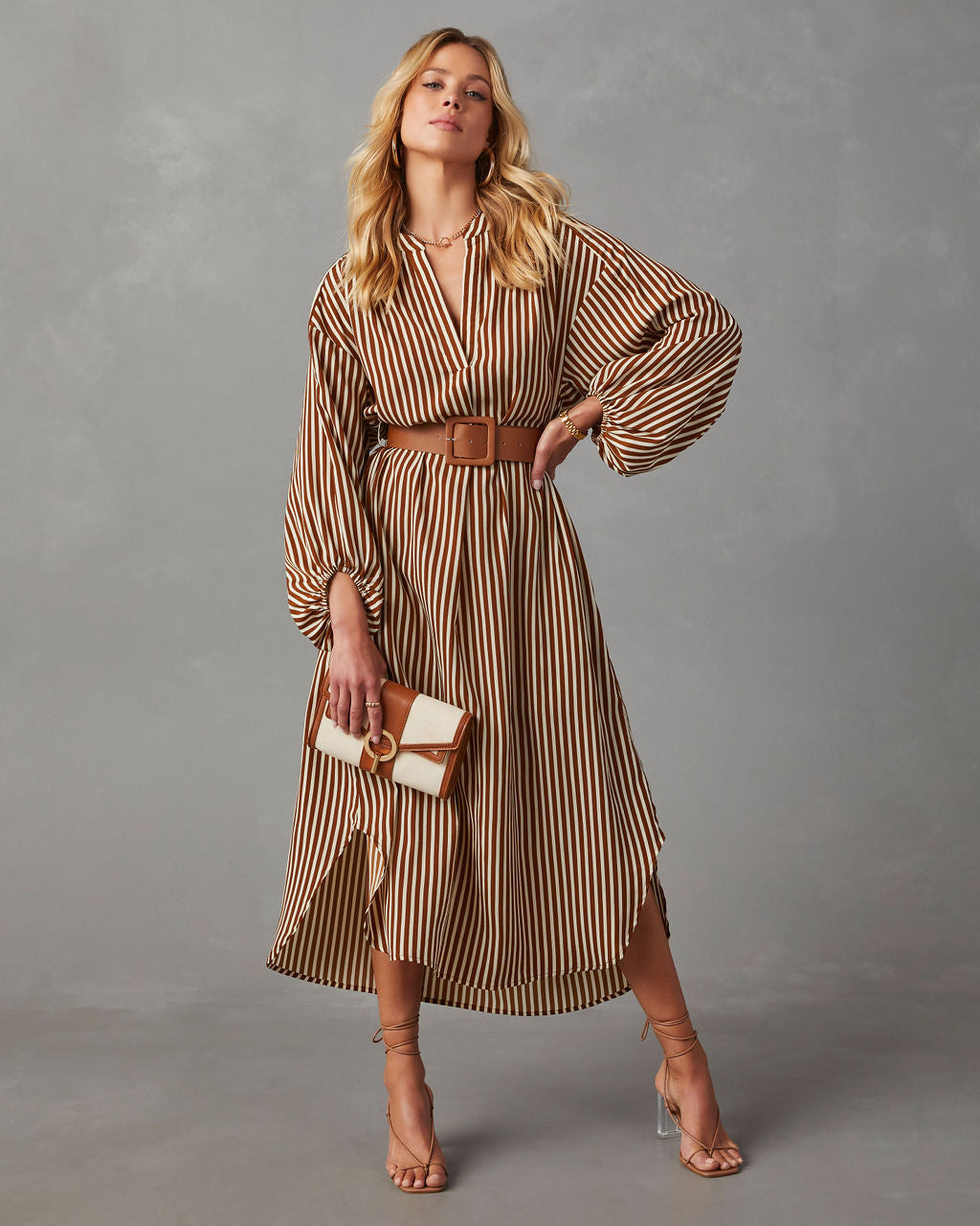 Dimarco Striped Pocketed Belted Midi Dress-Vogue Logic
