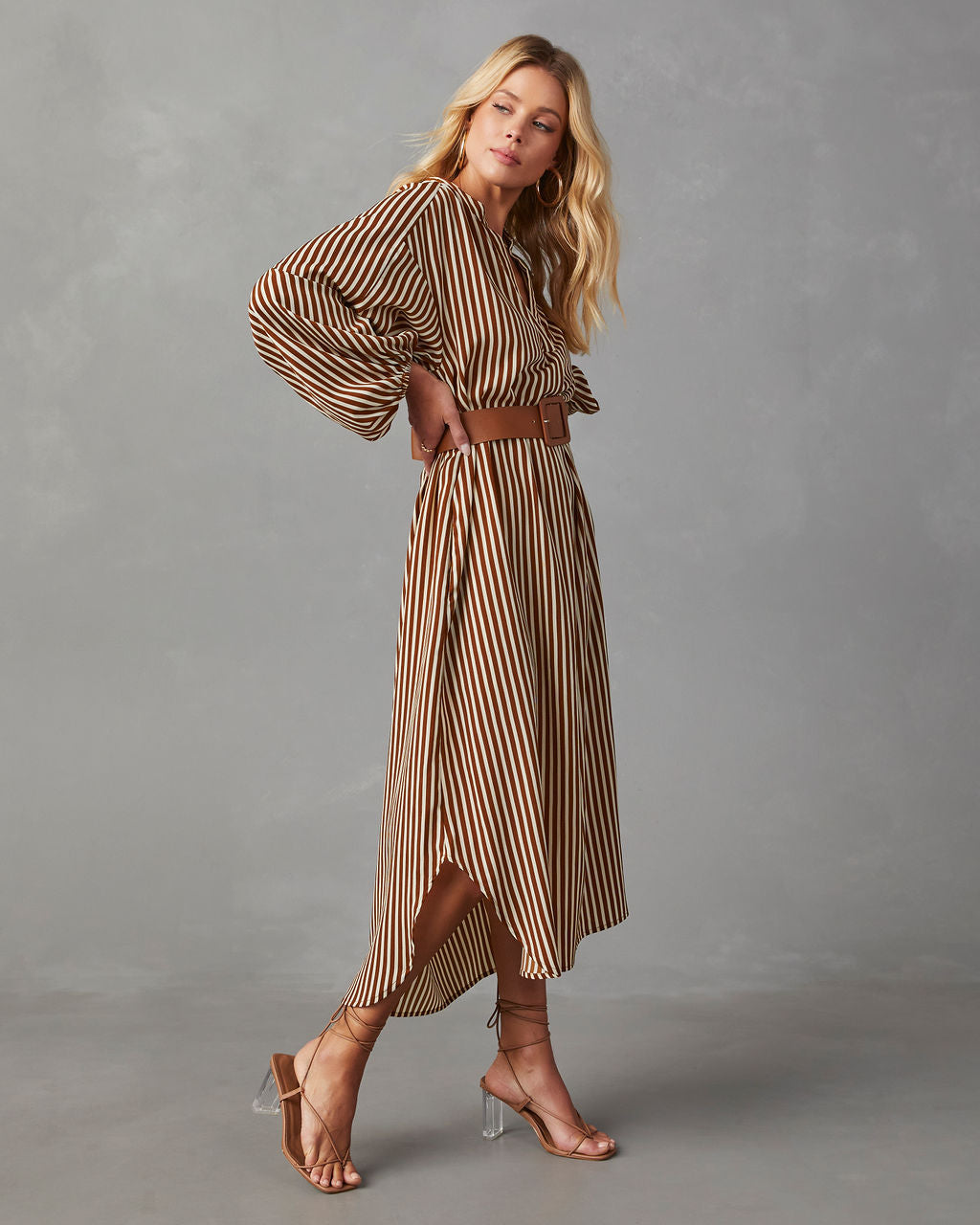 Dimarco Striped Pocketed Belted Midi Dress-Vogue Logic