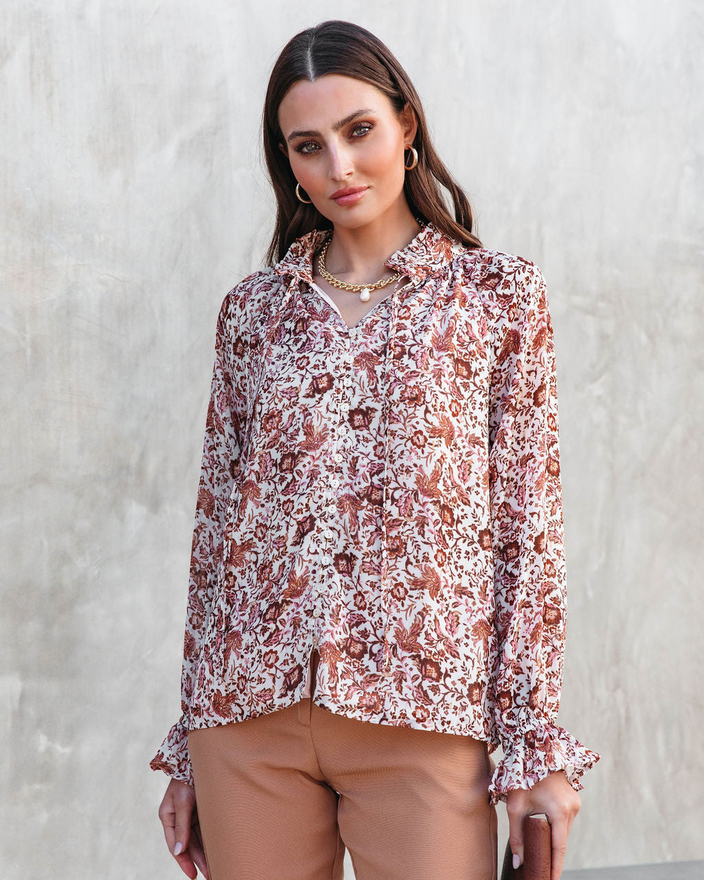 Sahara Printed Ruffle Long Sleeve Top-Vogue Logic