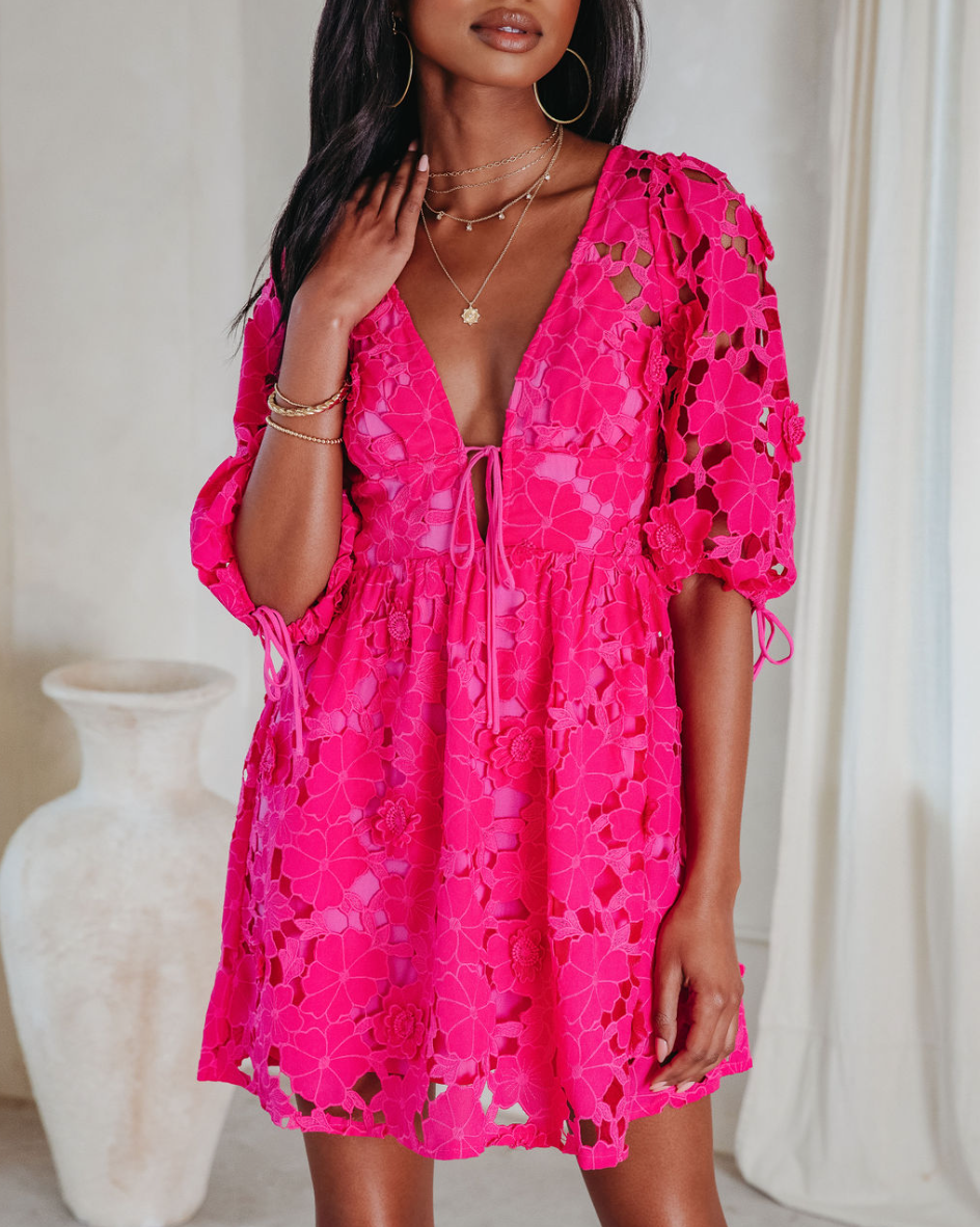 Paulette Floral Crochet Lace Mini Dress-Vogue Logic