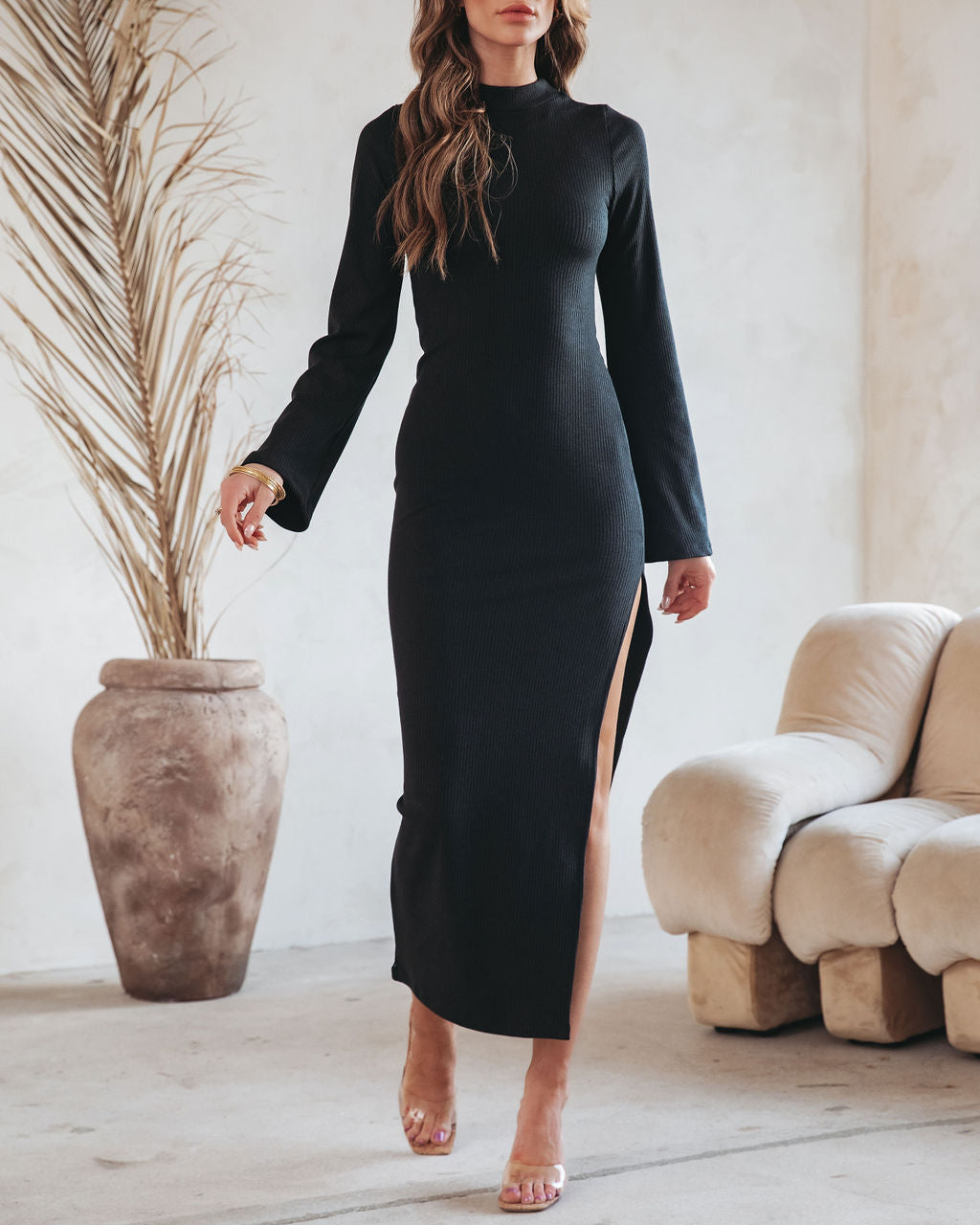 Simpson Ribbed Side Slit Maxi Dress-Vogue Logic