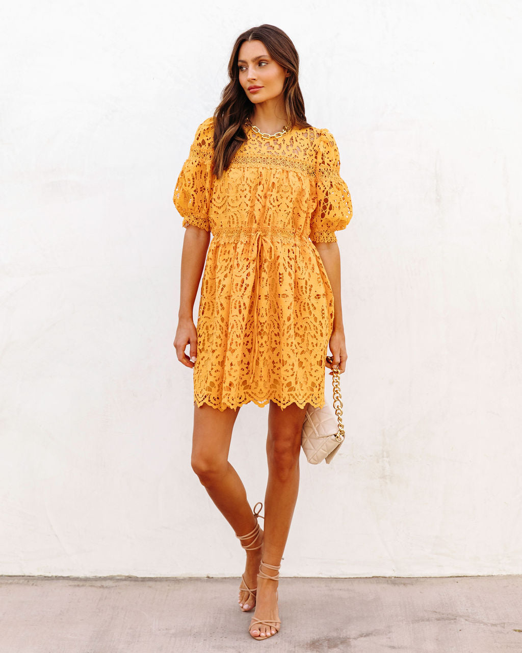 Sunflower Fields Crochet Lace Mini Dress-Vogue Logic