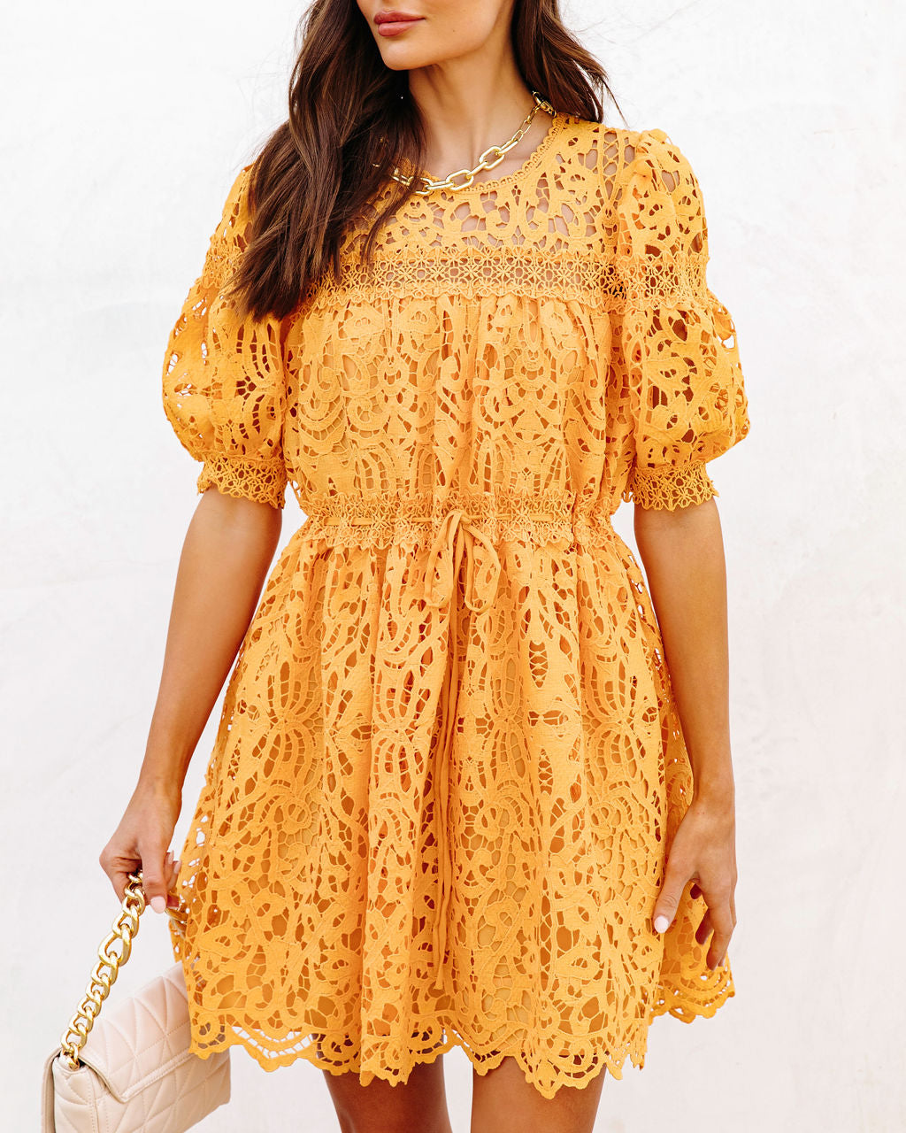 Sunflower Fields Crochet Lace Mini Dress-Vogue Logic