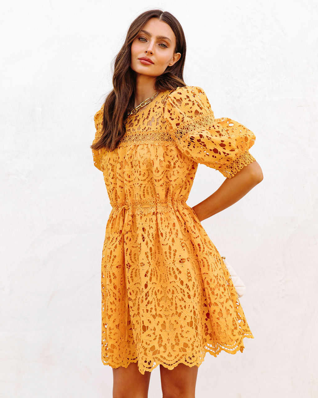 Sunflower Fields Crochet Lace Mini Dress-Vogue Logic