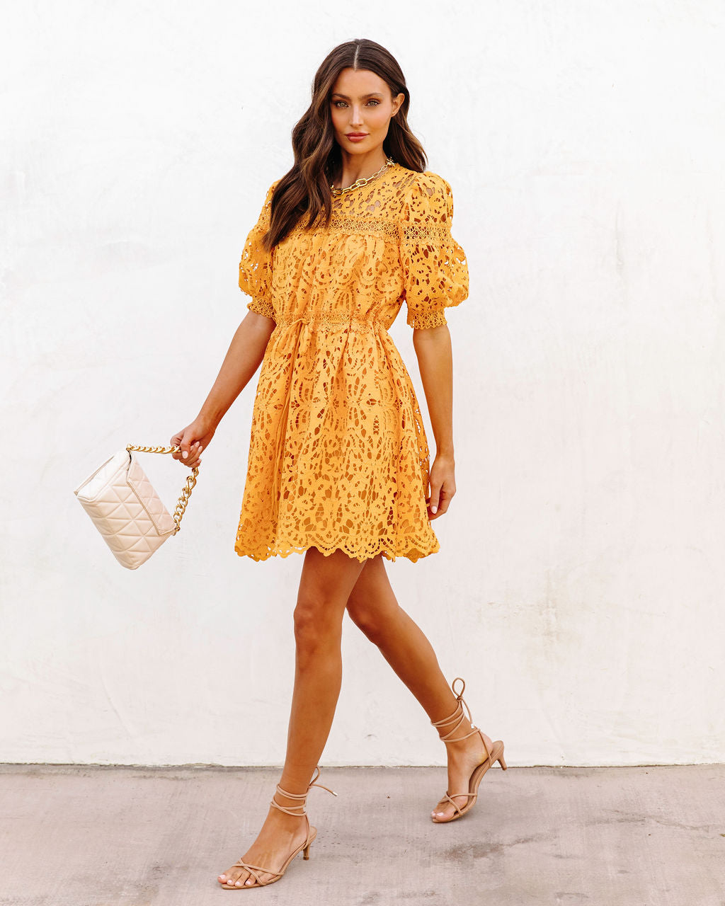 Sunflower Fields Crochet Lace Mini Dress-Vogue Logic