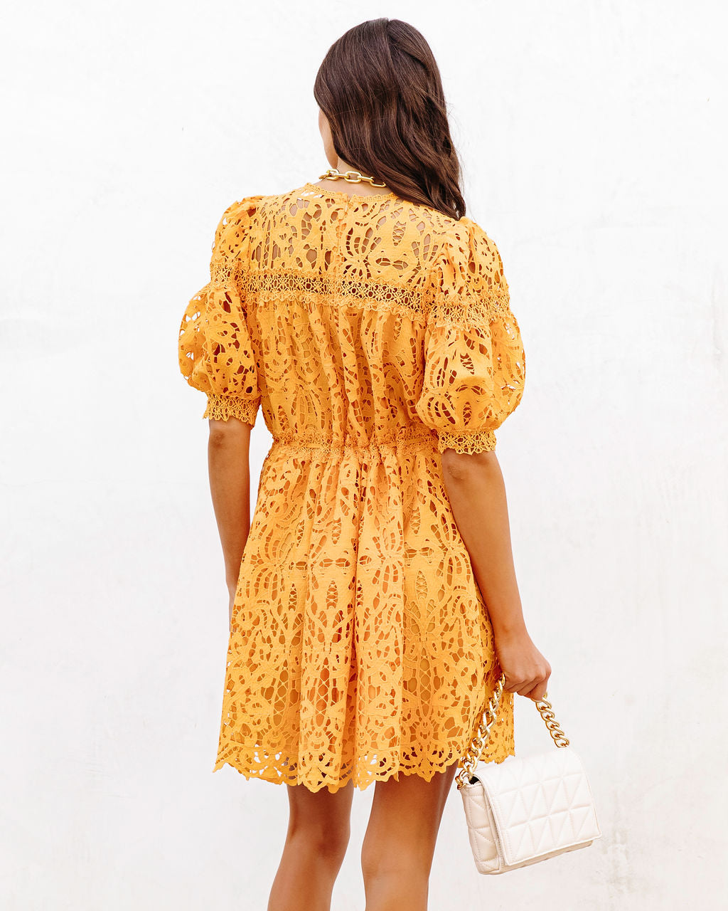 Sunflower Fields Crochet Lace Mini Dress-Vogue Logic