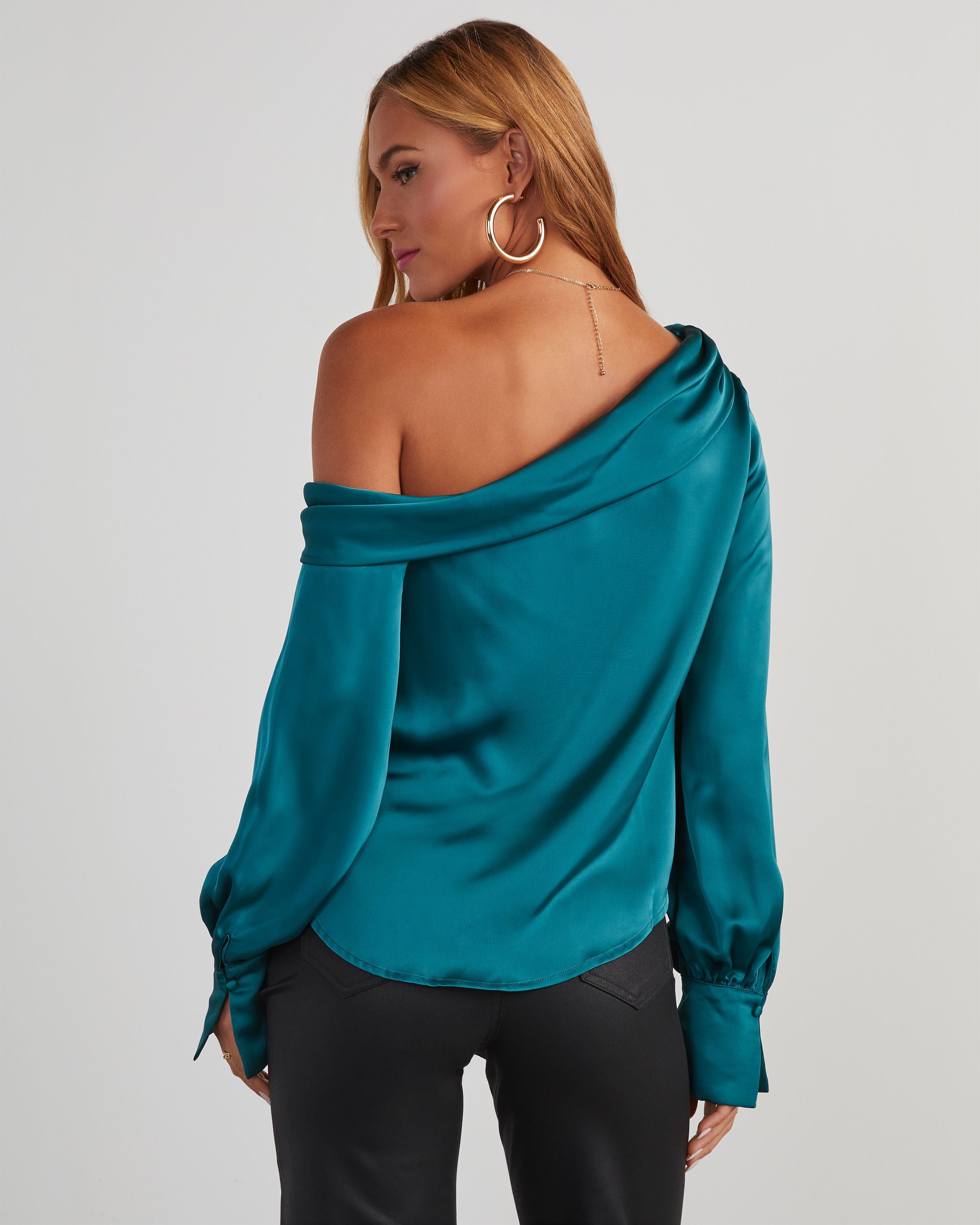 Runway Girl Satin Off Shoulder Top-Vogue Logic