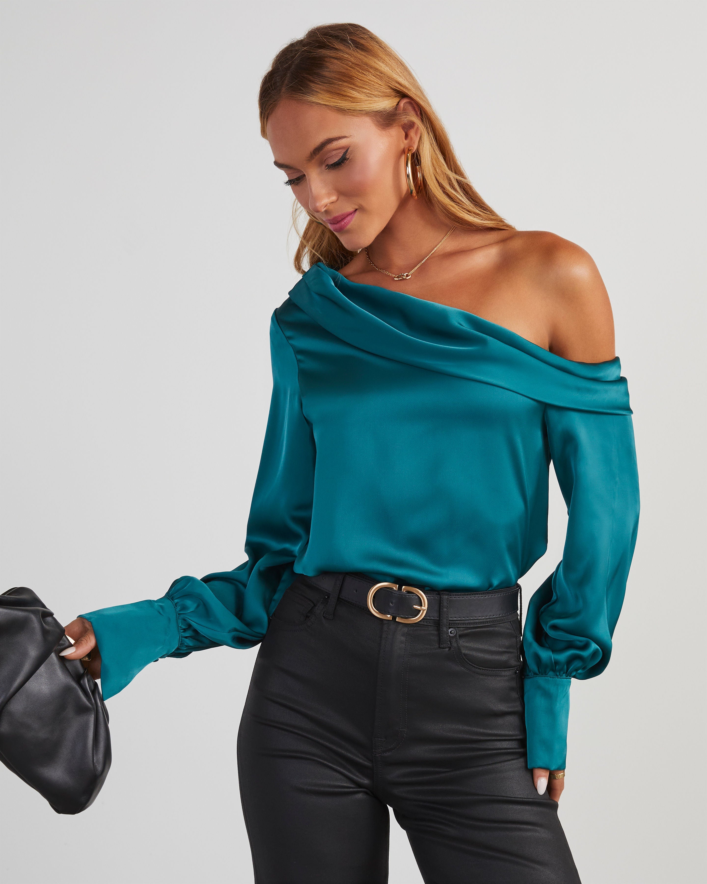 Runway Girl Satin Off Shoulder Top-Vogue Logic