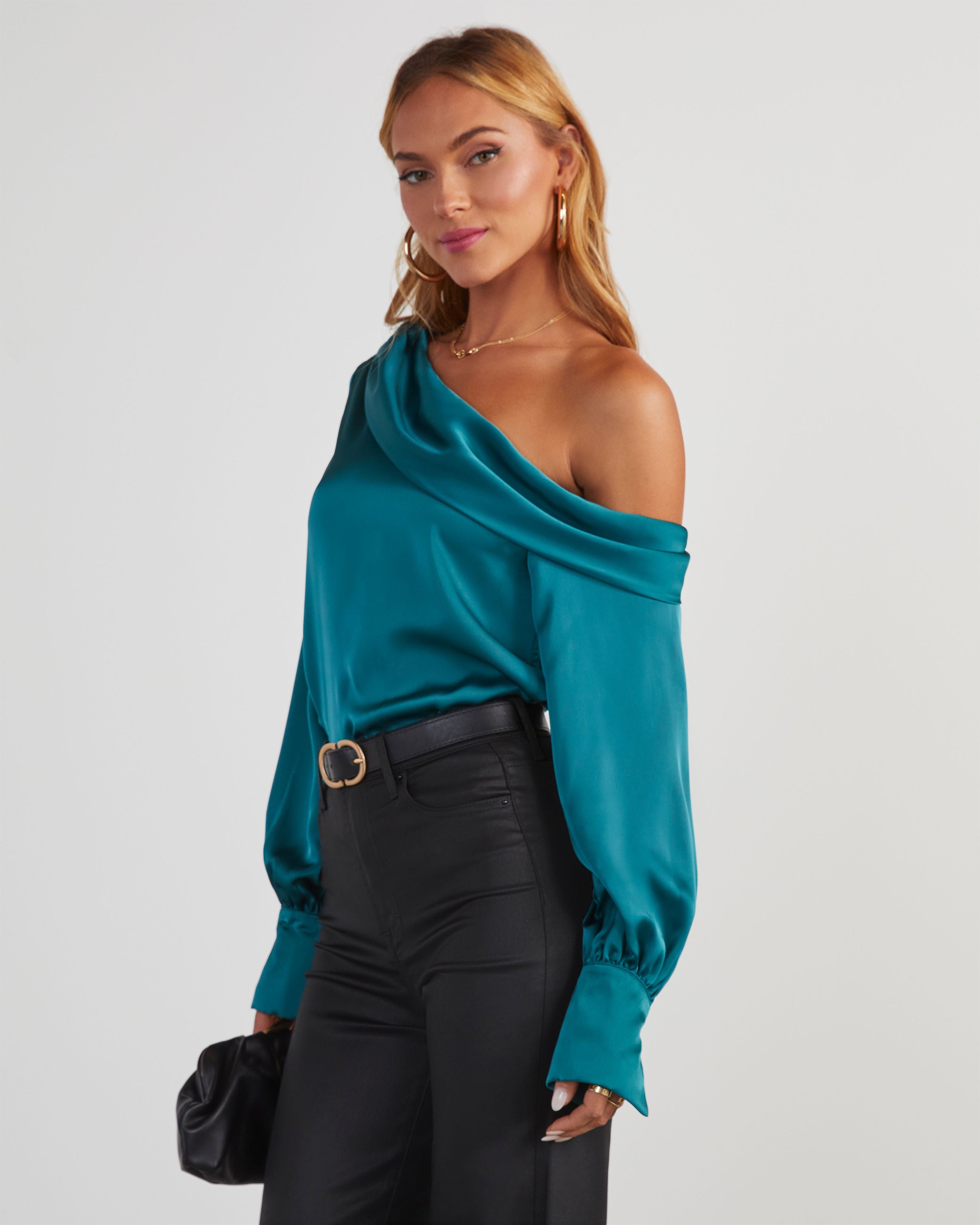 Runway Girl Satin Off Shoulder Top-Vogue Logic