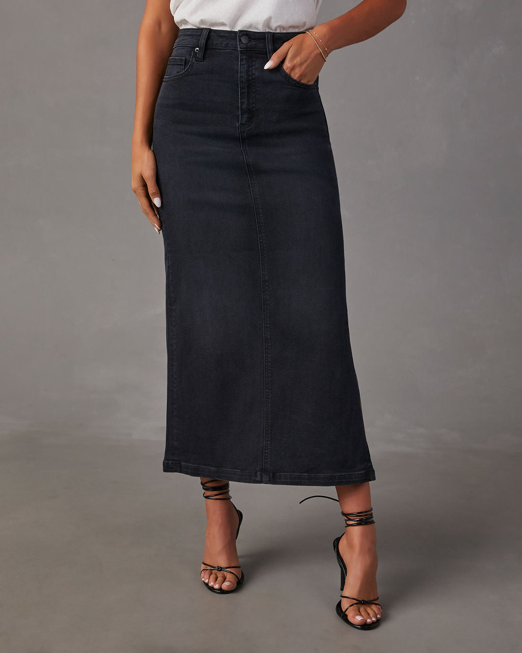 Chic Side Slit Denim Midi Skirt-Vogue Logic