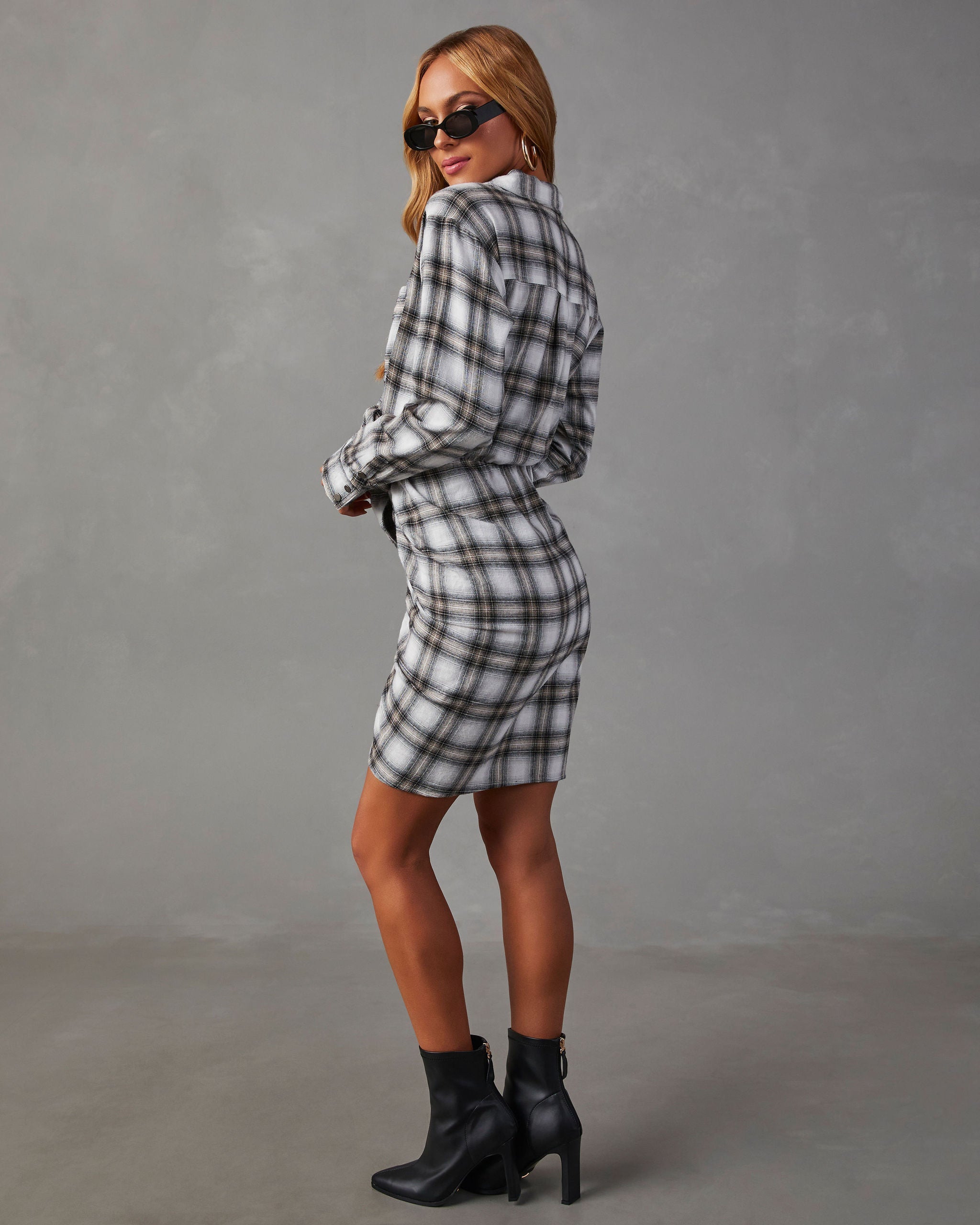 Archie Cotton Ruched Plaid Shirt Dress-Vogue Logic