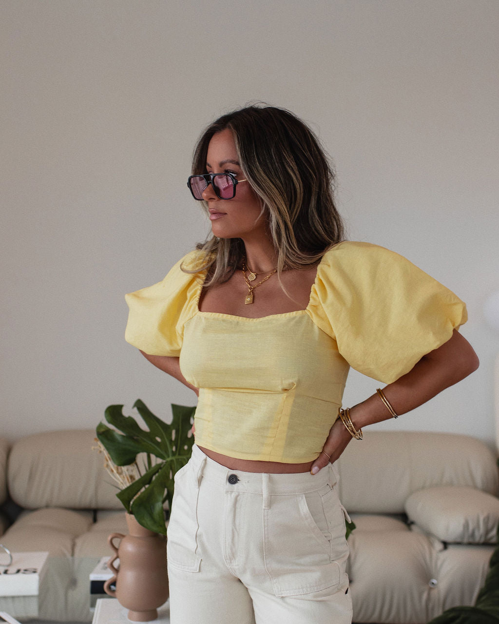 Rylee Cotton Linen Blend Puff Sleeve Top-Vogue Logic