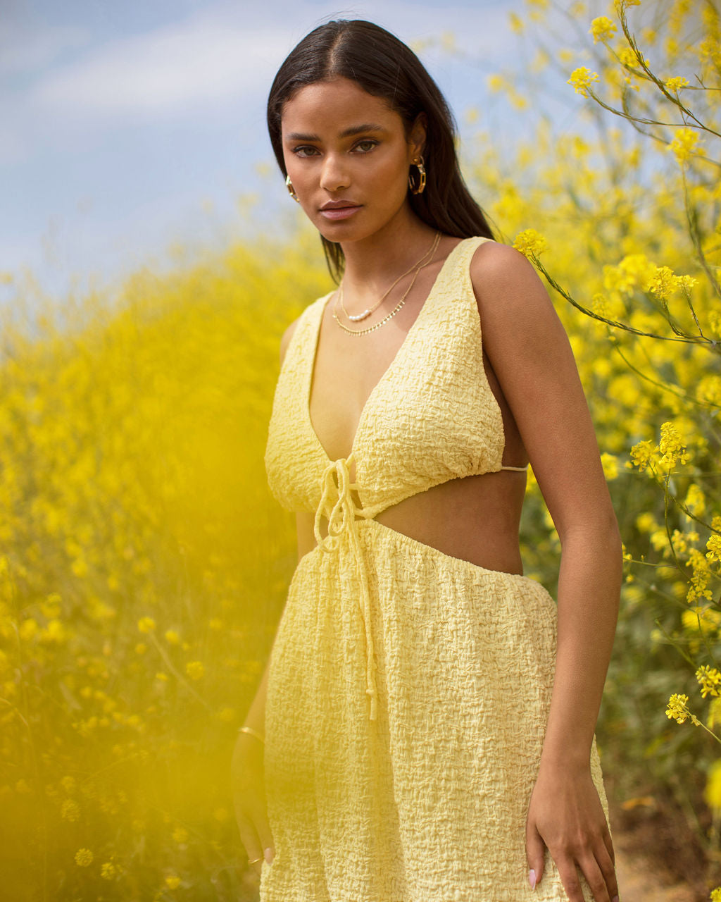 Brighten Up My Day Textured Cutout Mini Dress-Vogue Logic