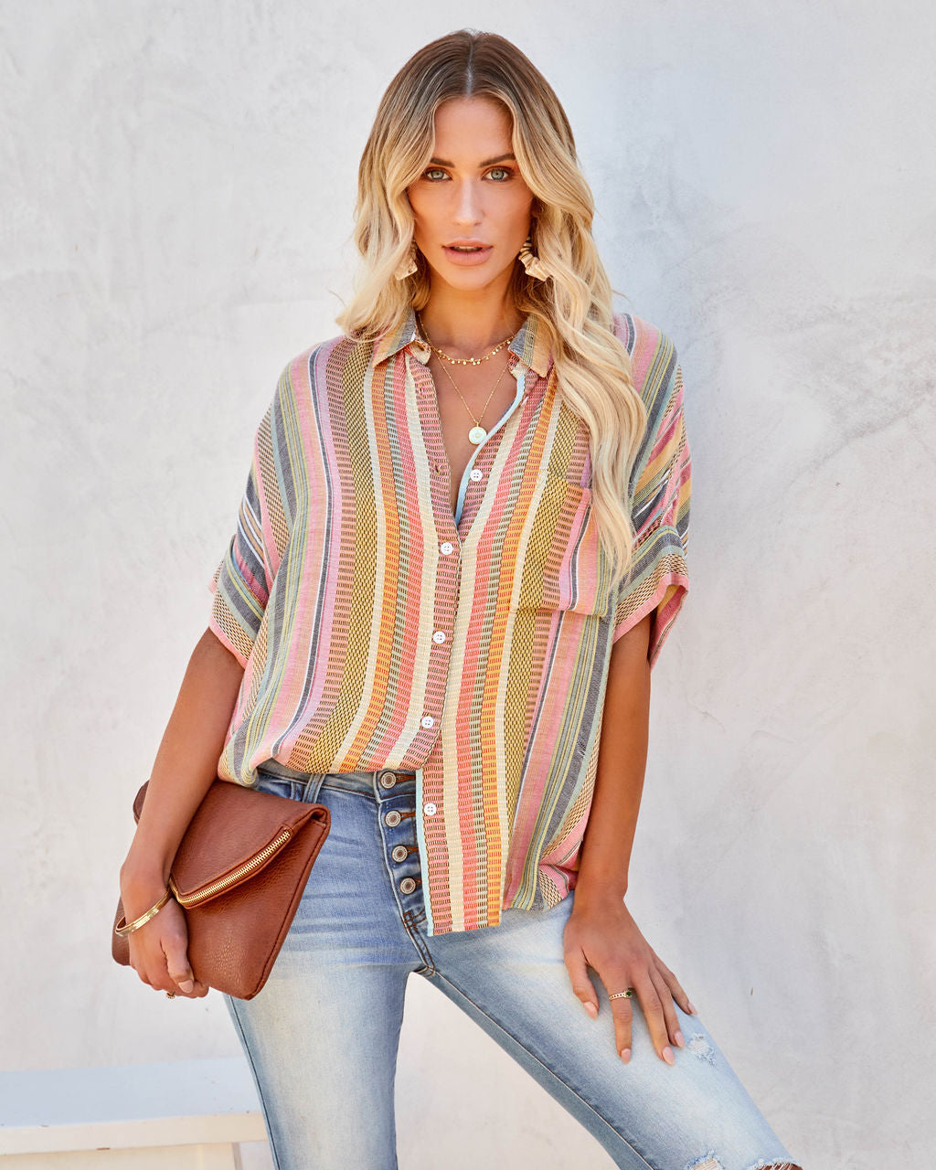 Camille Striped Woven Button Down Top-Vogue Logic