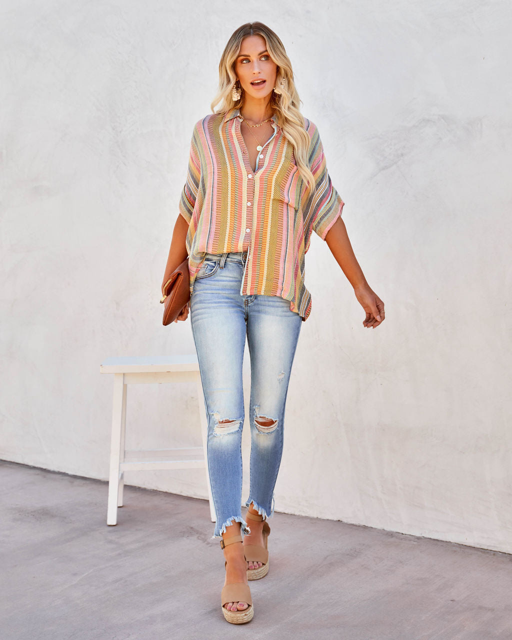 Camille Striped Woven Button Down Top-Vogue Logic