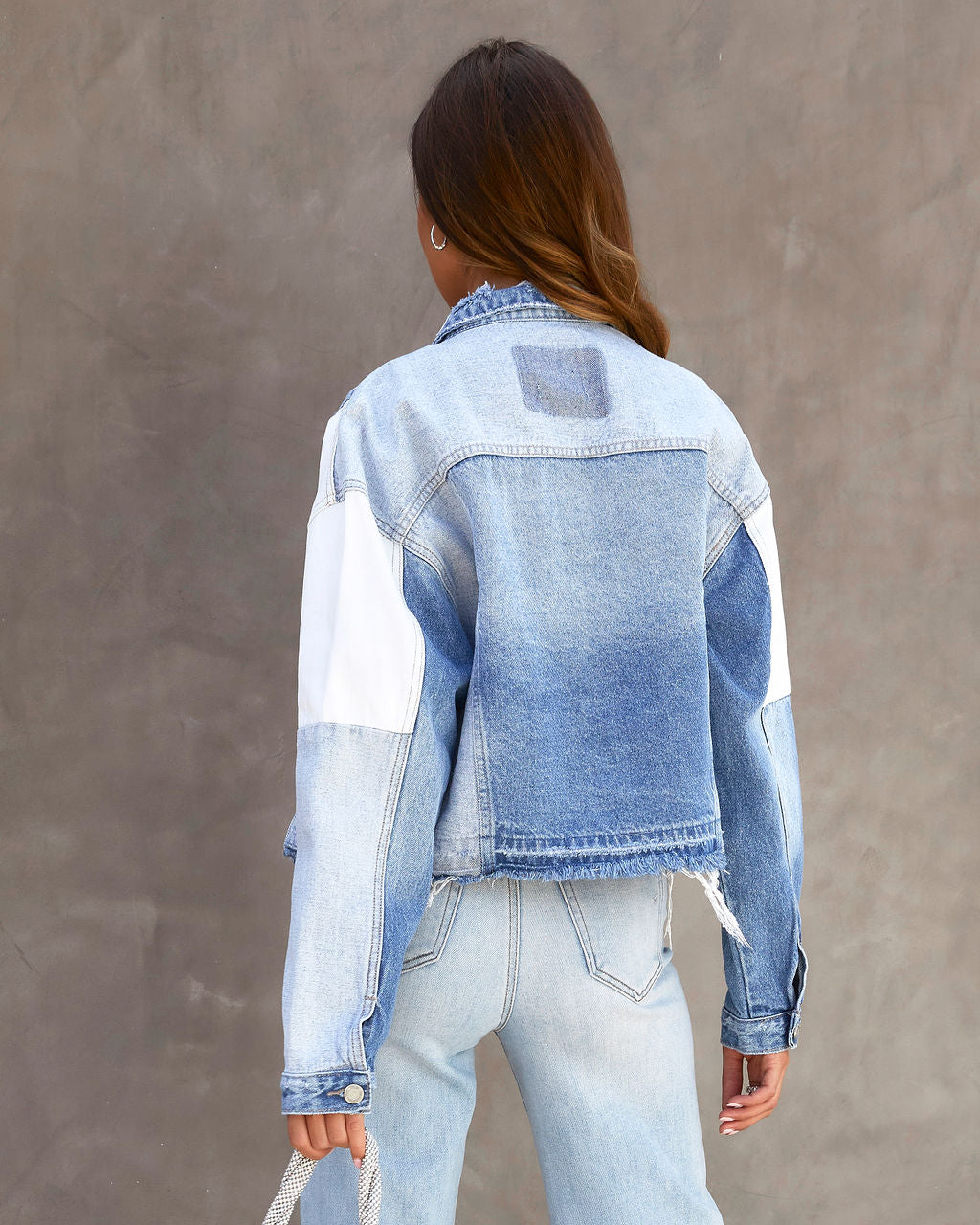Justification Patchwork Denim Frayed Hem Jacket-Vogue Logic