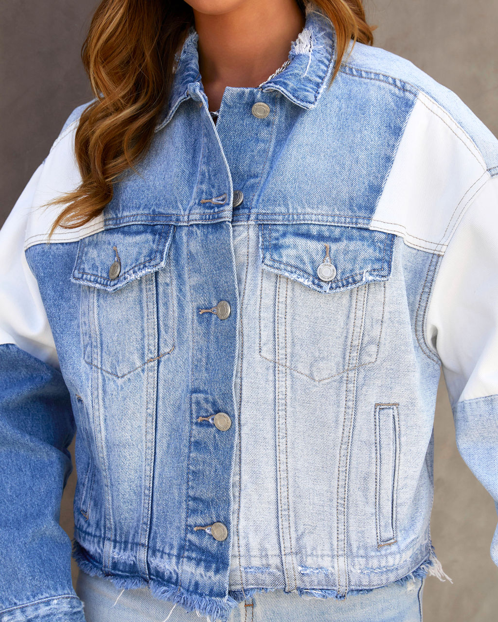 Justification Patchwork Denim Frayed Hem Jacket-Vogue Logic