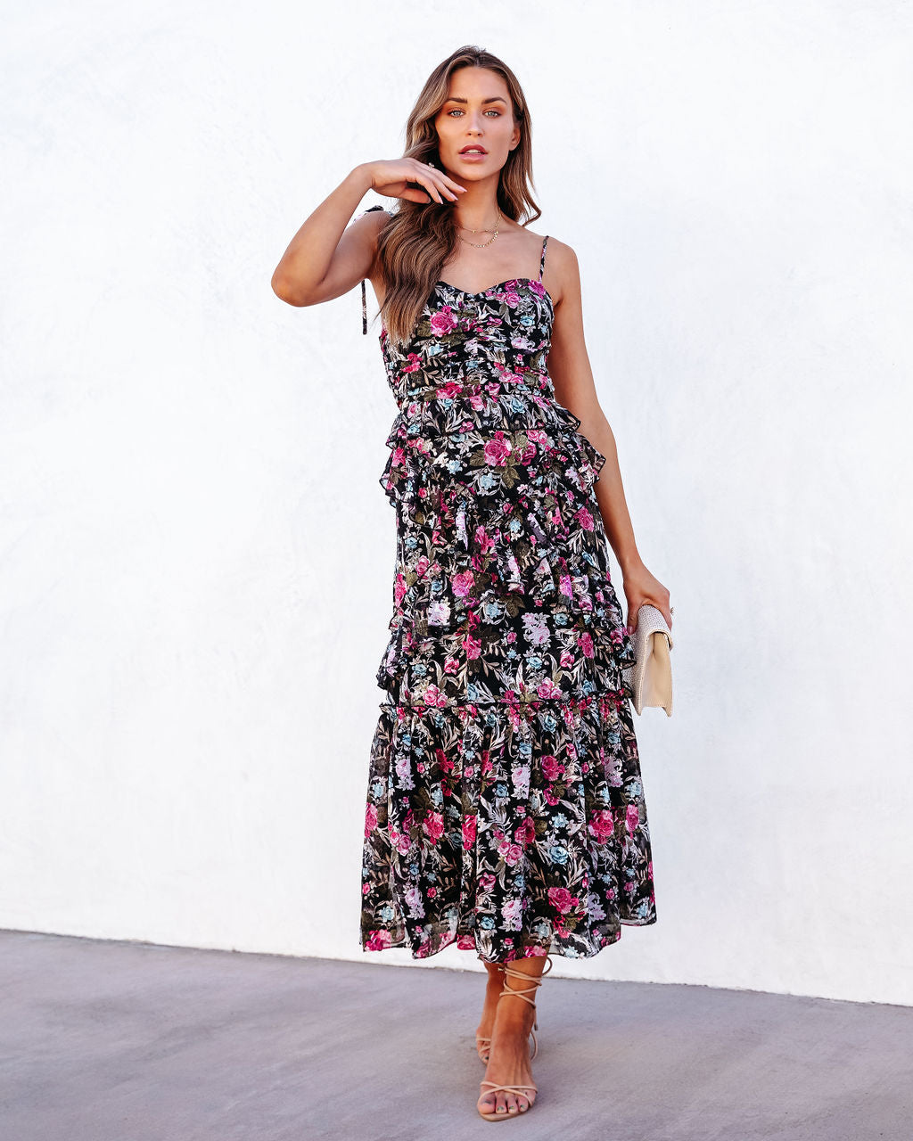 Kaycee Floral Tiered Midi Dress-Vogue Logic