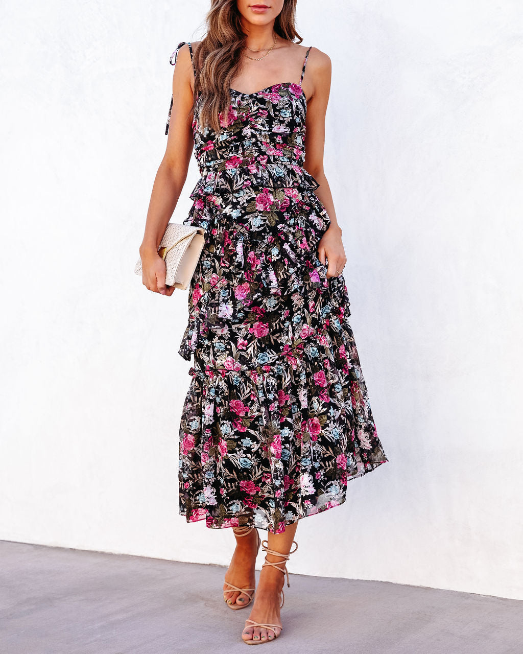 Kaycee Floral Tiered Midi Dress-Vogue Logic