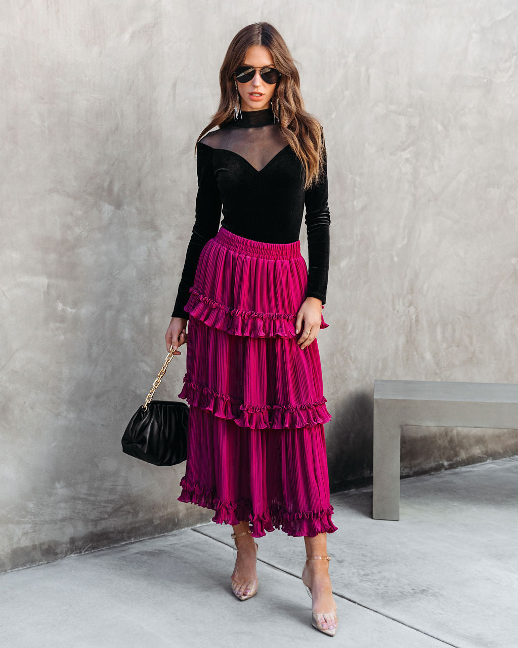 Nasreen Plisse Chiffon Tiered Maxi Skirt-Vogue Logic