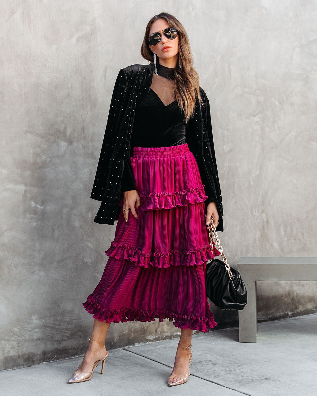 Nasreen Plisse Chiffon Tiered Maxi Skirt-Vogue Logic