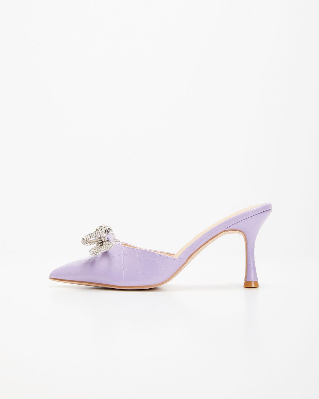 Ophelia Croc Embossed Crystal Embellished Bow Mule Heels-Vogue Logic
