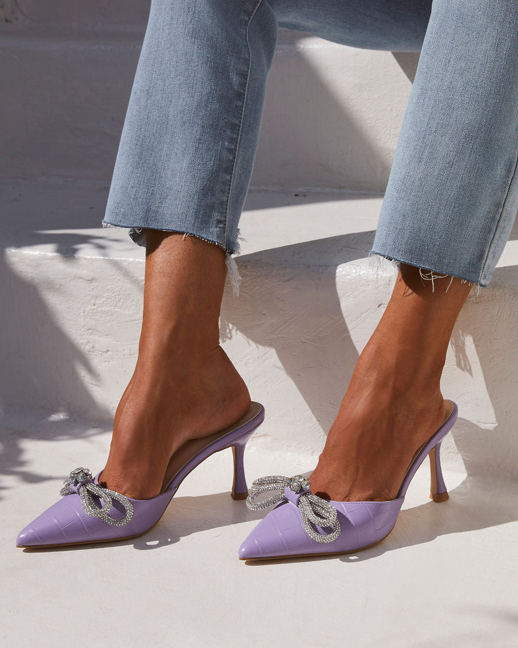 Ophelia Croc Embossed Crystal Embellished Bow Mule Heels-Vogue Logic