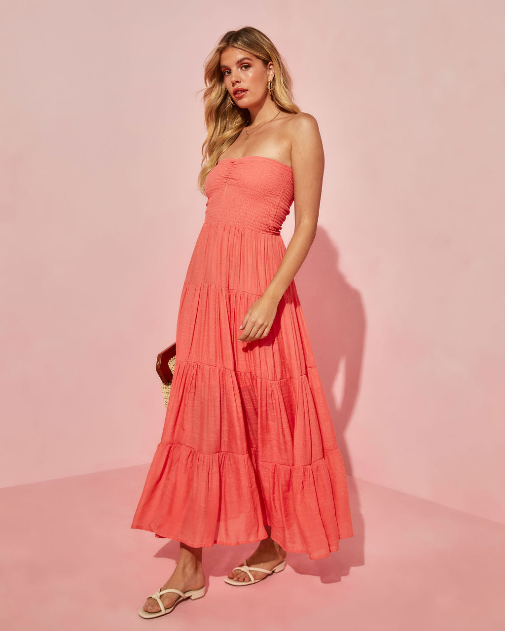 Rosalina Strapless Smocked Tiered Maxi Dress-Vogue Logic