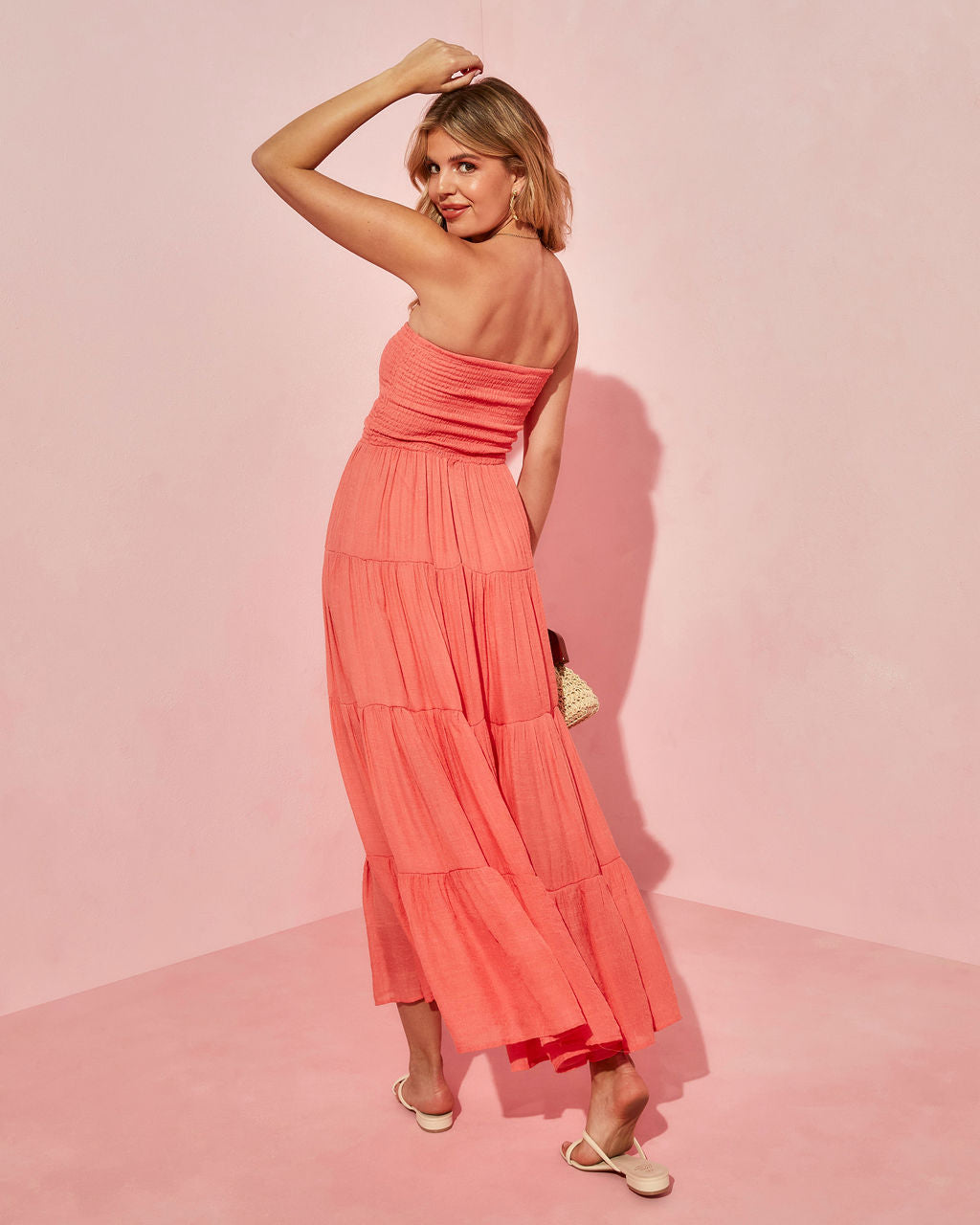 Rosalina Strapless Smocked Tiered Maxi Dress-Vogue Logic