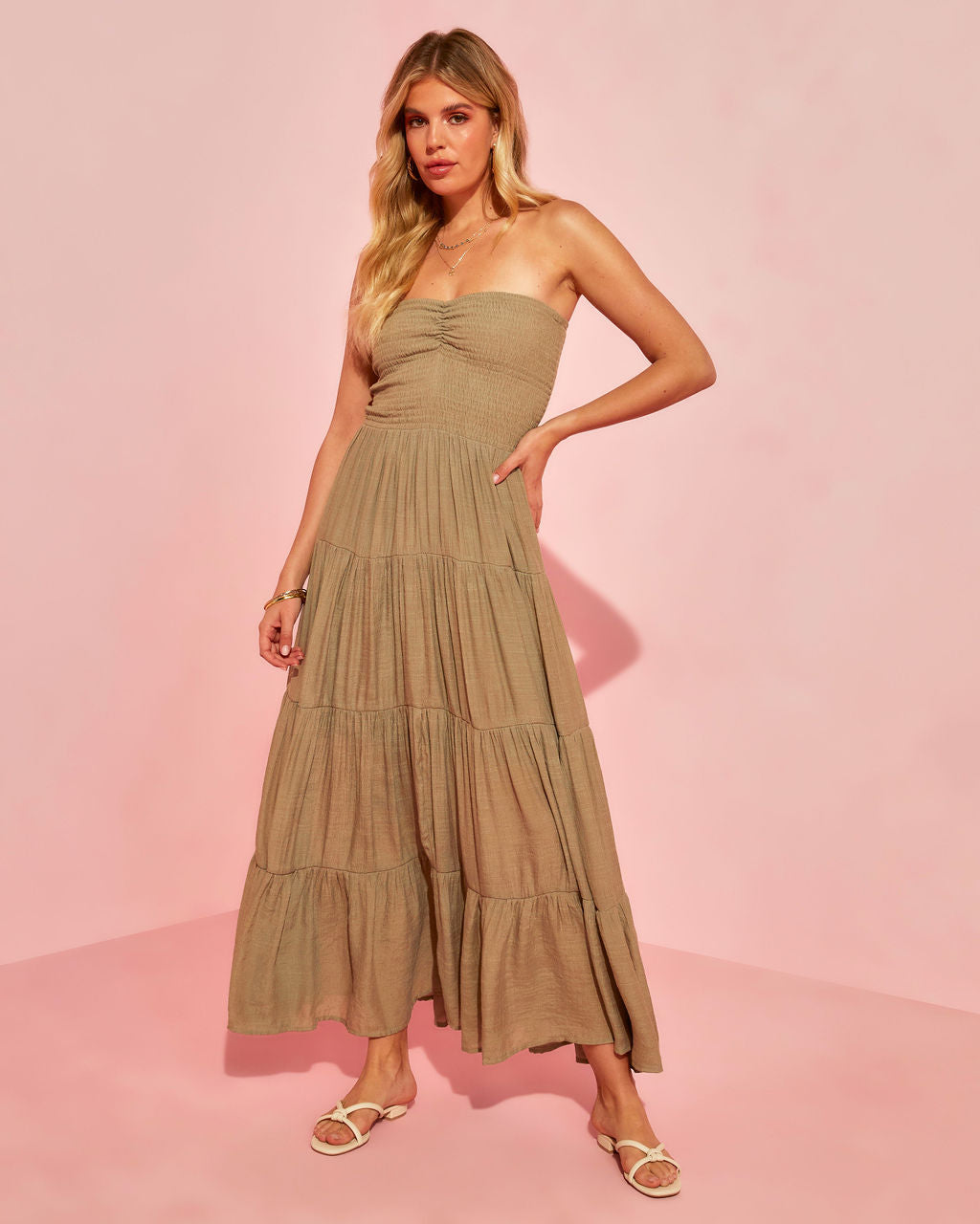 Rosalina Strapless Smocked Tiered Maxi Dress-Vogue Logic