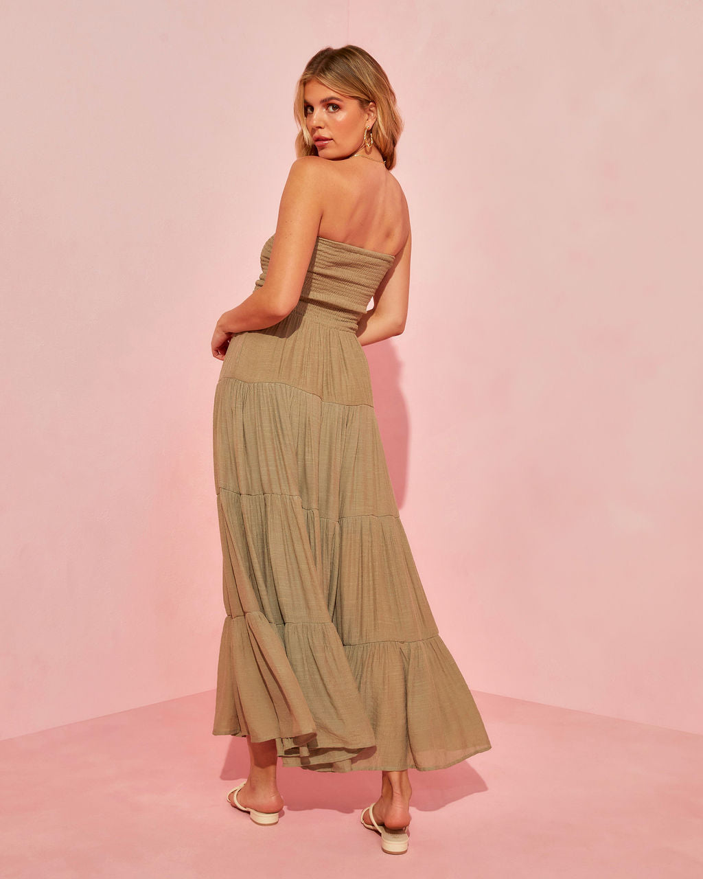 Rosalina Strapless Smocked Tiered Maxi Dress-Vogue Logic