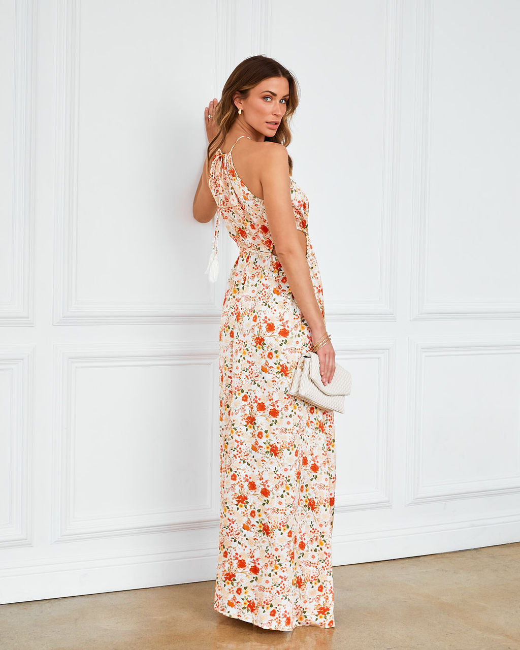 Salome Floral Satin Cutout Halter Maxi Dress-Vogue Logic