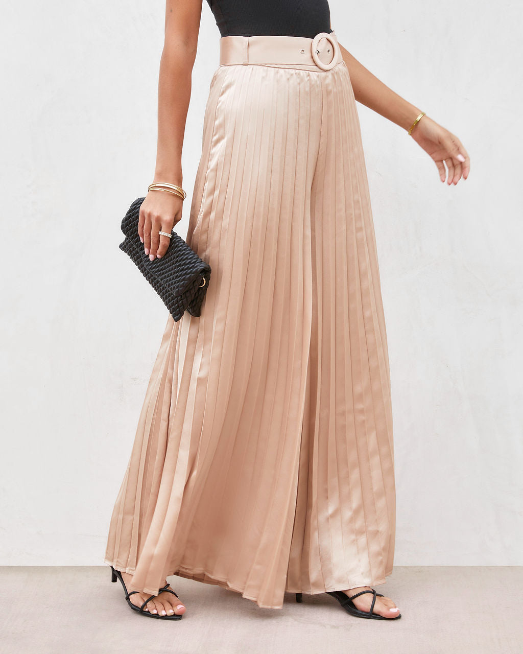 True Elegance Satin Pleated Belted Wide Leg Pants-Vogue Logic