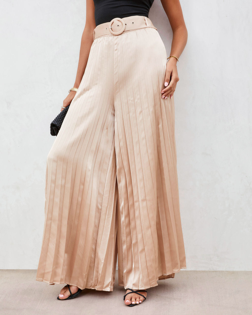 True Elegance Satin Pleated Belted Wide Leg Pants-Vogue Logic