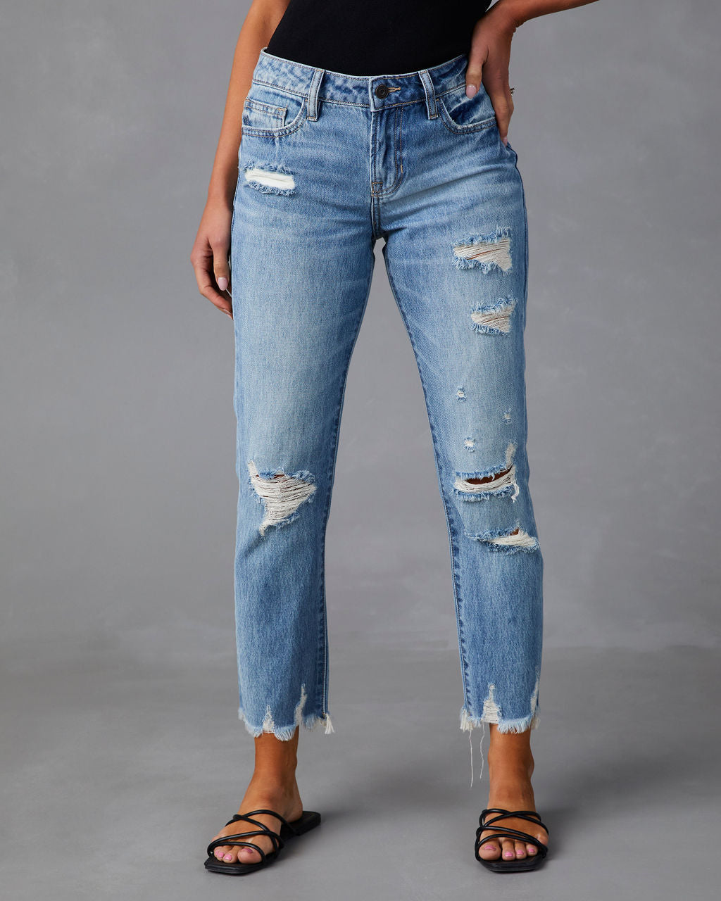 Nila Mid Rise Distressed Boyfriend Jeans-Vogue Logic