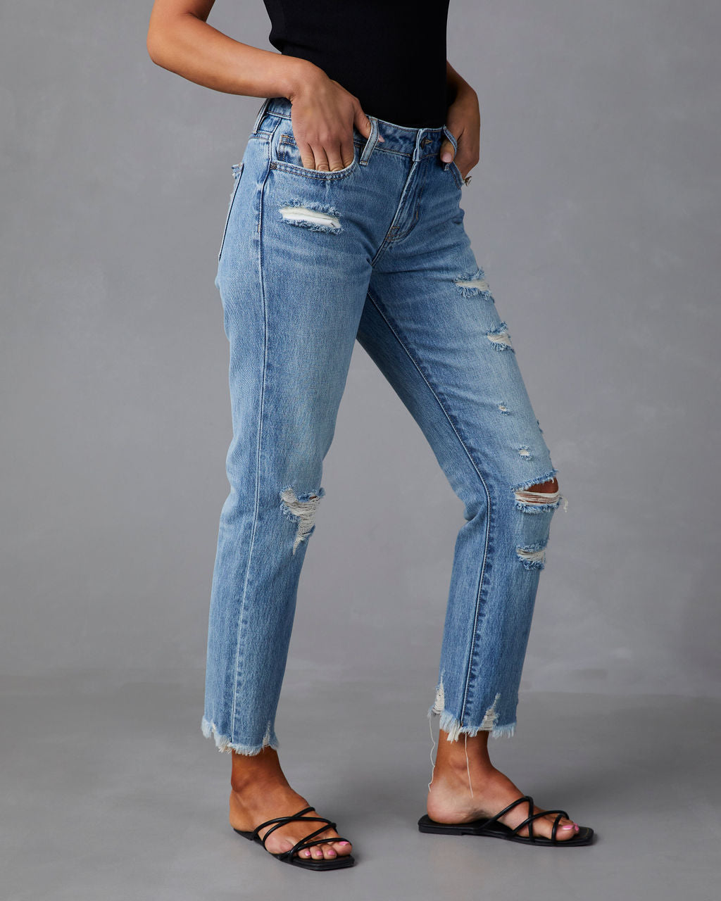 Nila Mid Rise Distressed Boyfriend Jeans-Vogue Logic