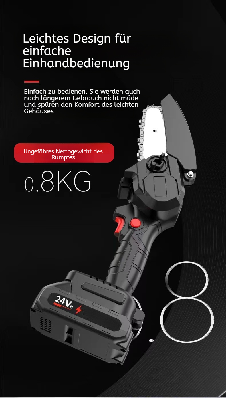Scharfe schnurlose Handkettensäge schneidet Holz