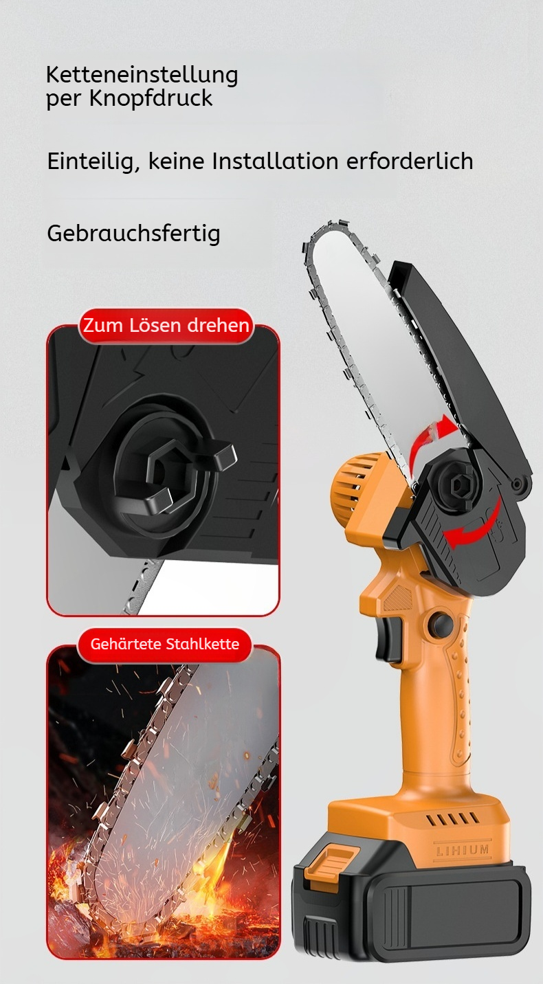 Kompakte Akku-Kettensäge mit ergonomischem Griff