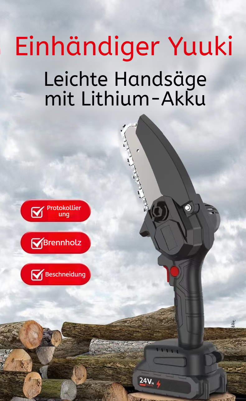 Kleine tragbare Akku-Handkettensäge im Einsatz im Garten