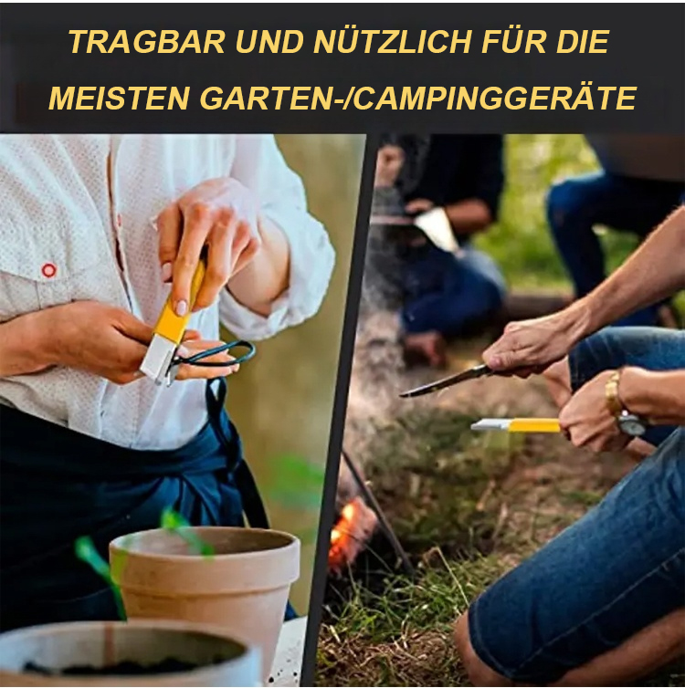 Schärfgerät neben verschiedenen Gartenwerkzeugen