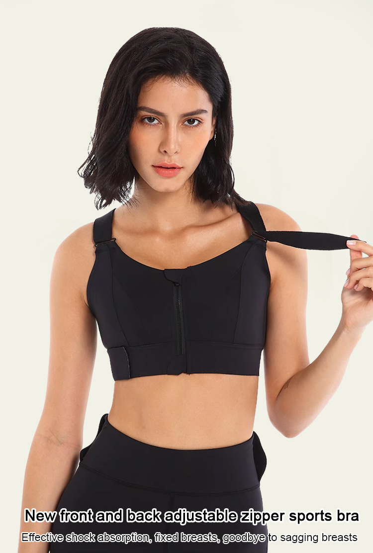 Front view of adjustable zipper sports bra