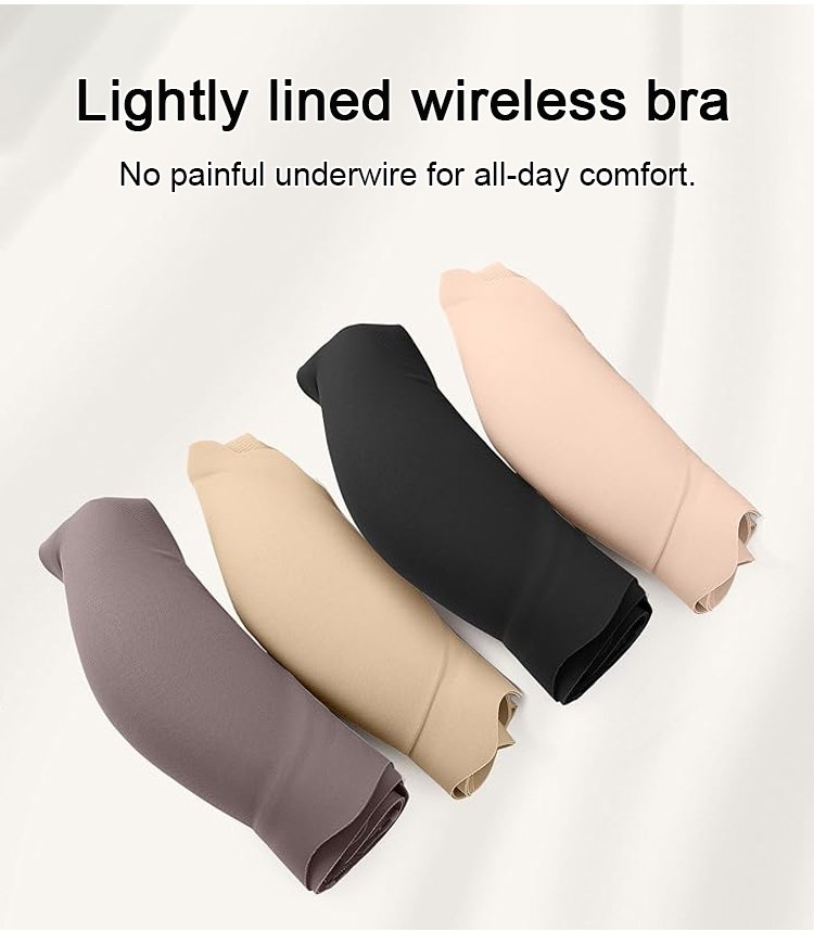 Model wearing seamless wireless bra under a t-shirt