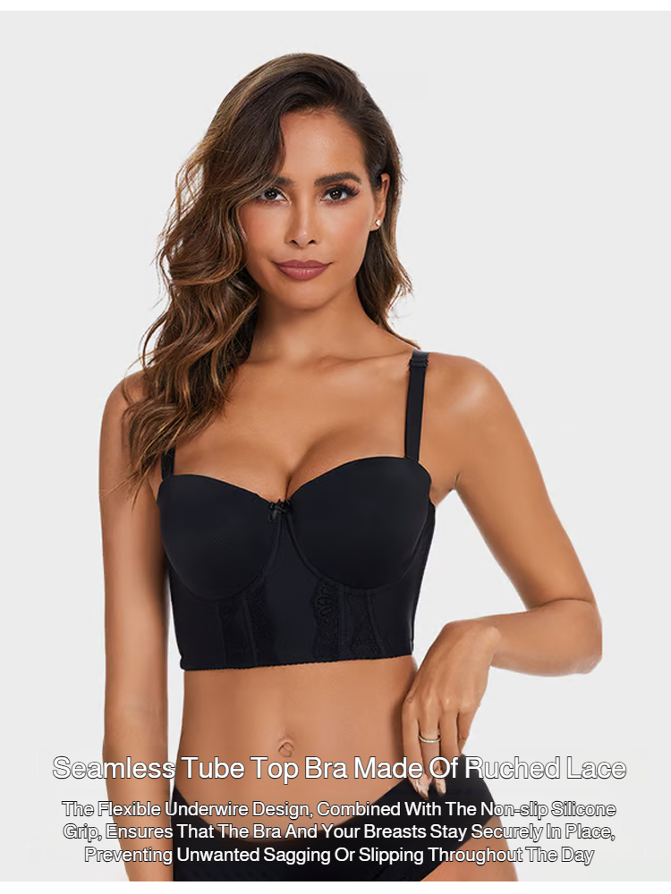 Front view of seamless lace push-up bra with bustier design